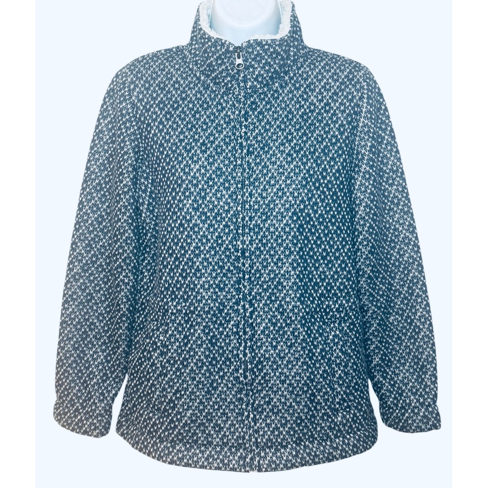 LL Bean Sweater Fleece Jacket Womens S Petite Blue White Full Zip Sherpa‎ Lined